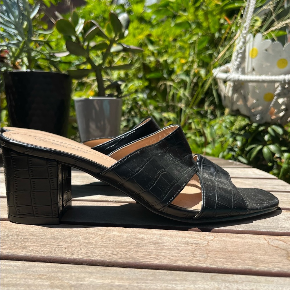 Faux black crocodile mules
